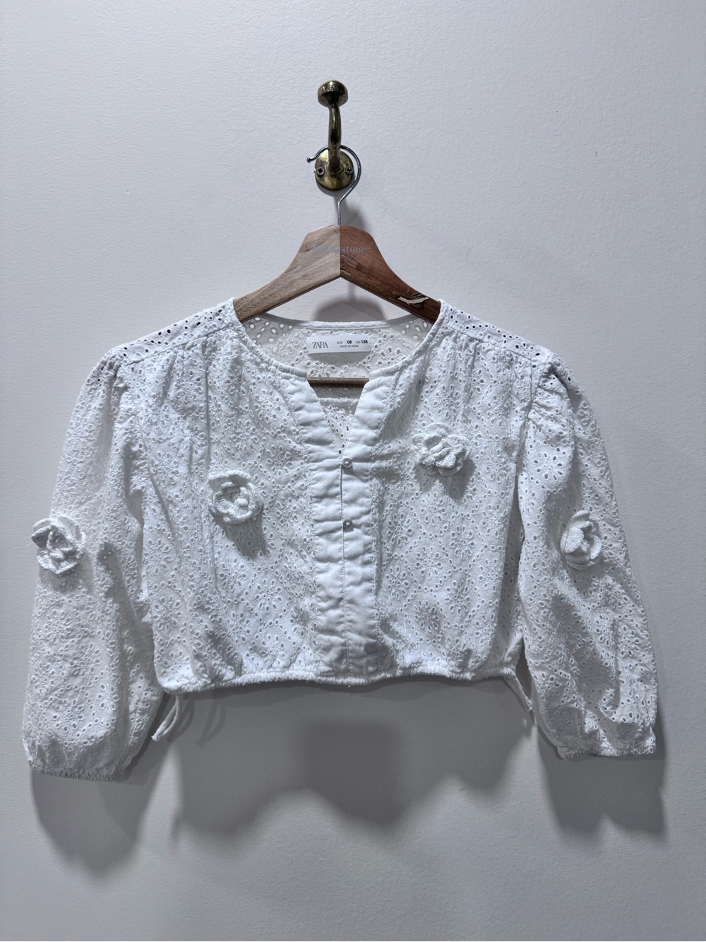 Zara White Eyelet Cropped Blouse with Rosette Details